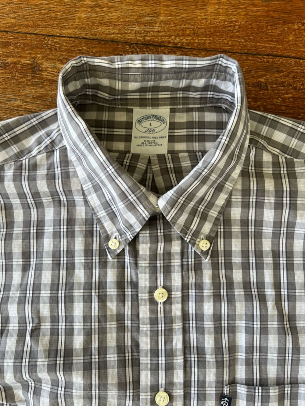 Brooks Brothers 346 Original Polo SLIM Fit Cotton Gray White Plaid Large